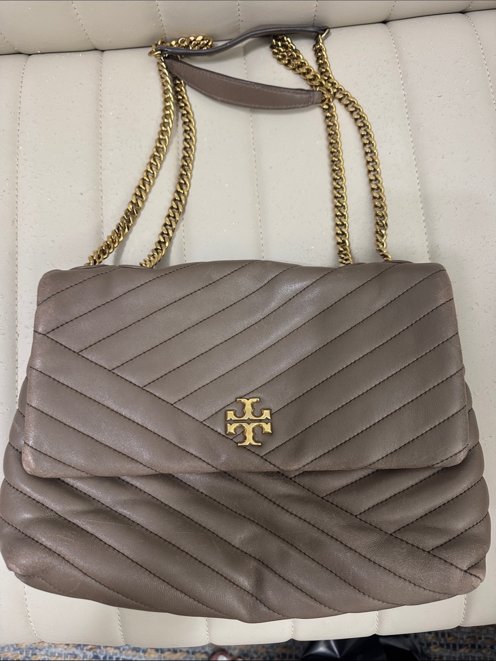 Tory Burch Taupe Quilted Leather Shoulder Bag with Gold Logo Chain